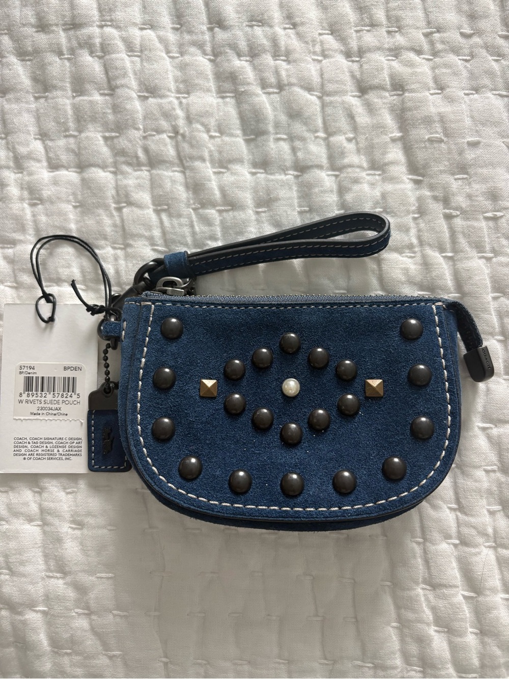 Coach Blue Suede Western Rivets Wristlet Pouch
